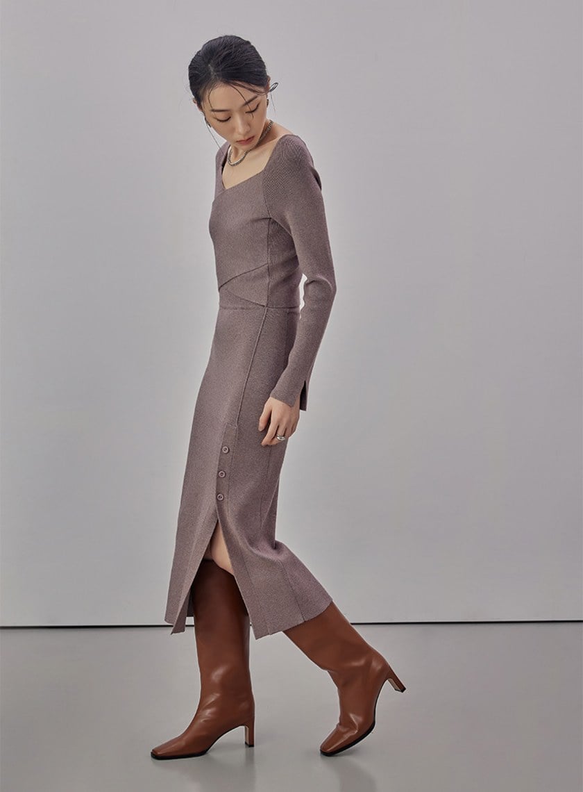 坑條合身針織開衩直筒裙